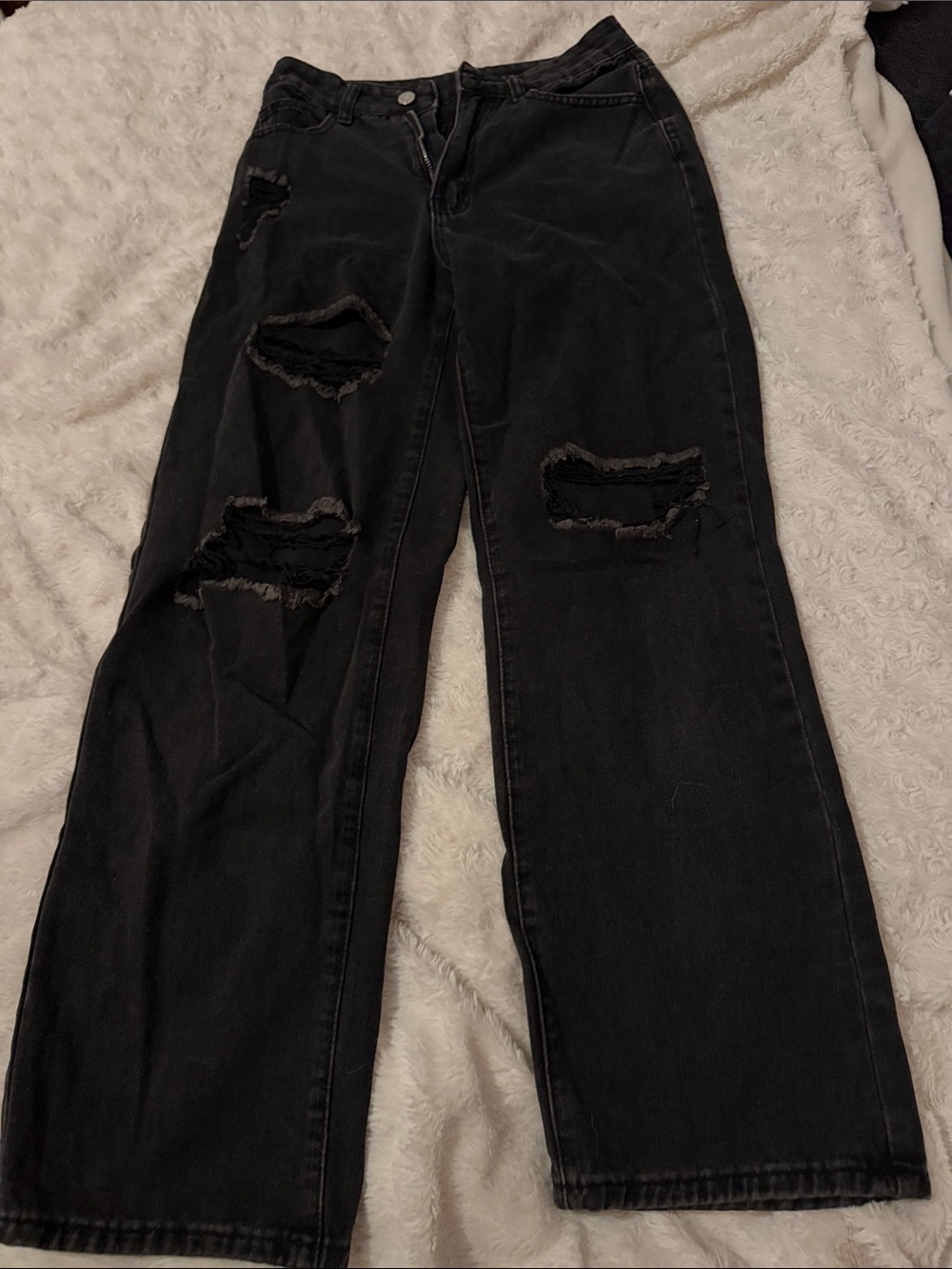 Black Distressed Wide-Leg Jeans XS